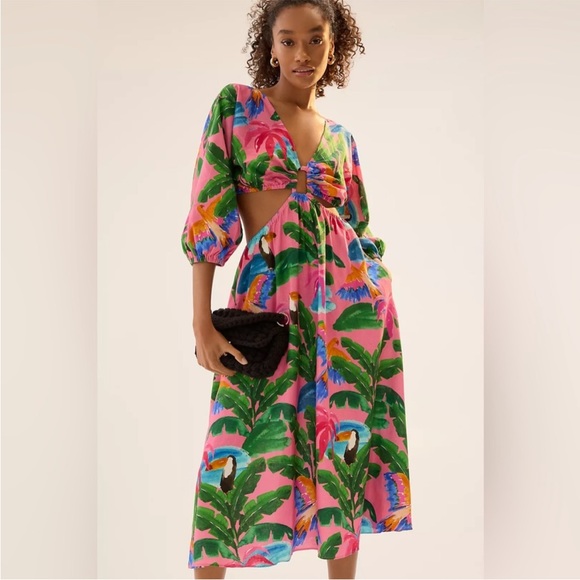 Farm Rio x Anthropologie Printed V-Neck Cutout Dress Color Tropical Size M NWT
